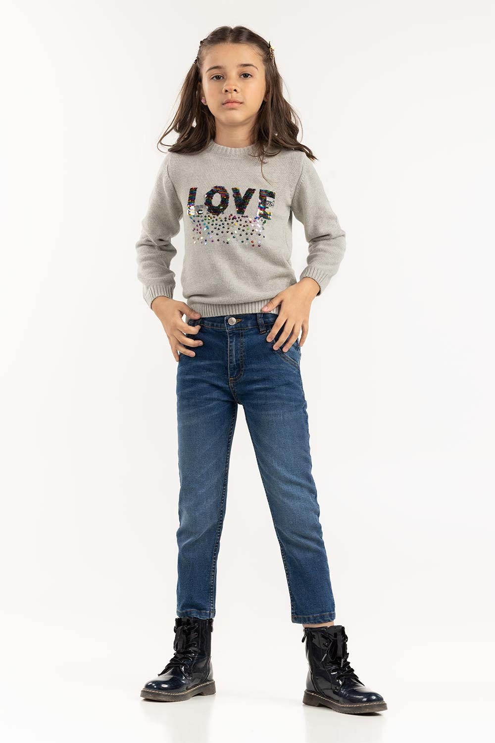 Toddler Girl Grey Sweater With Round Neck 224-611-002