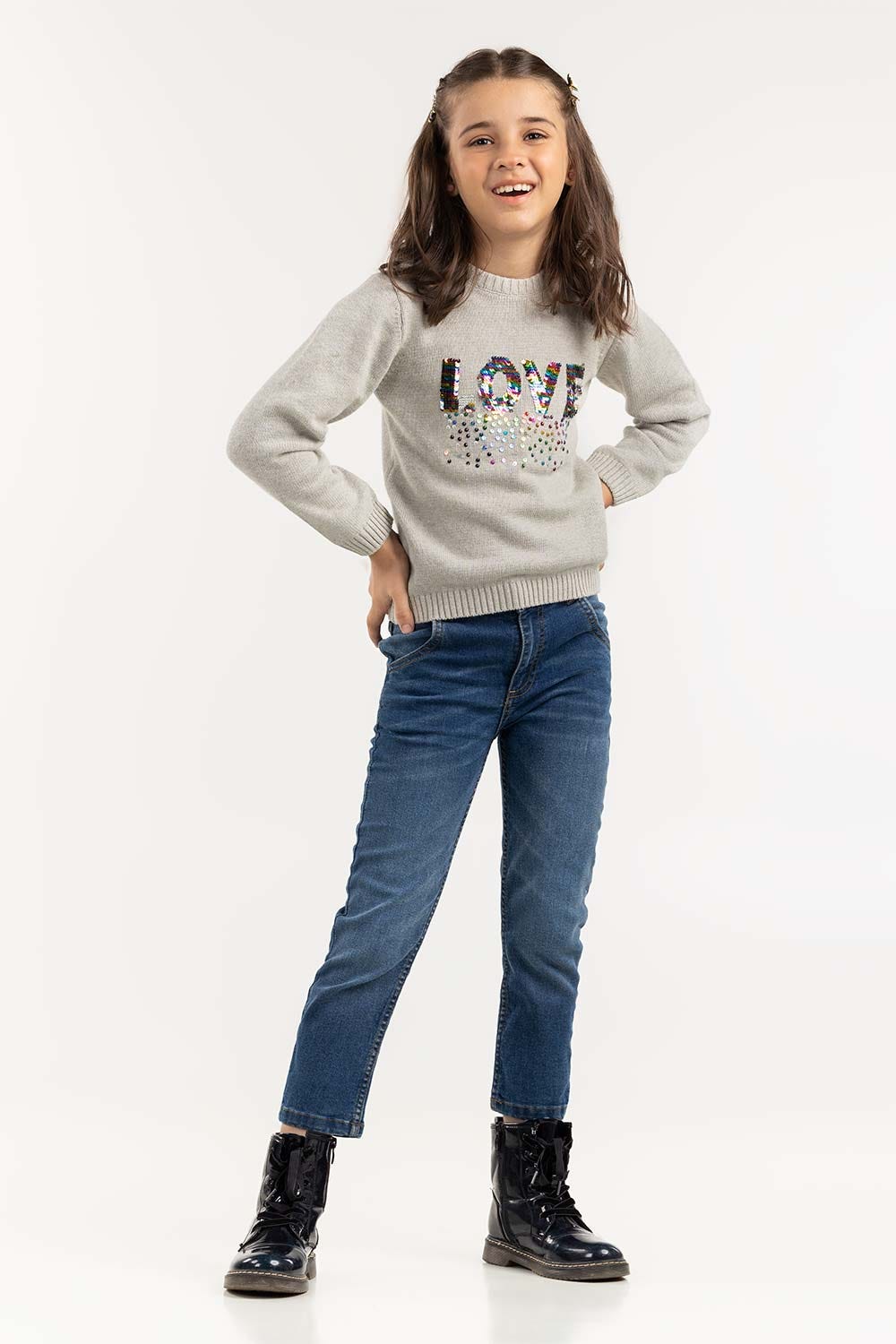 Toddler Girl Grey Sweater With Round Neck 224-611-002