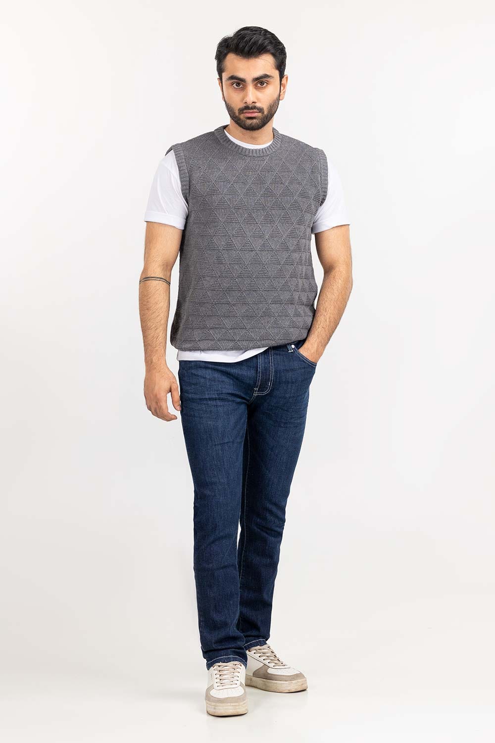 Grey Textured Crew Neck Sleeveless Sweater SWT-FSLCN22-199