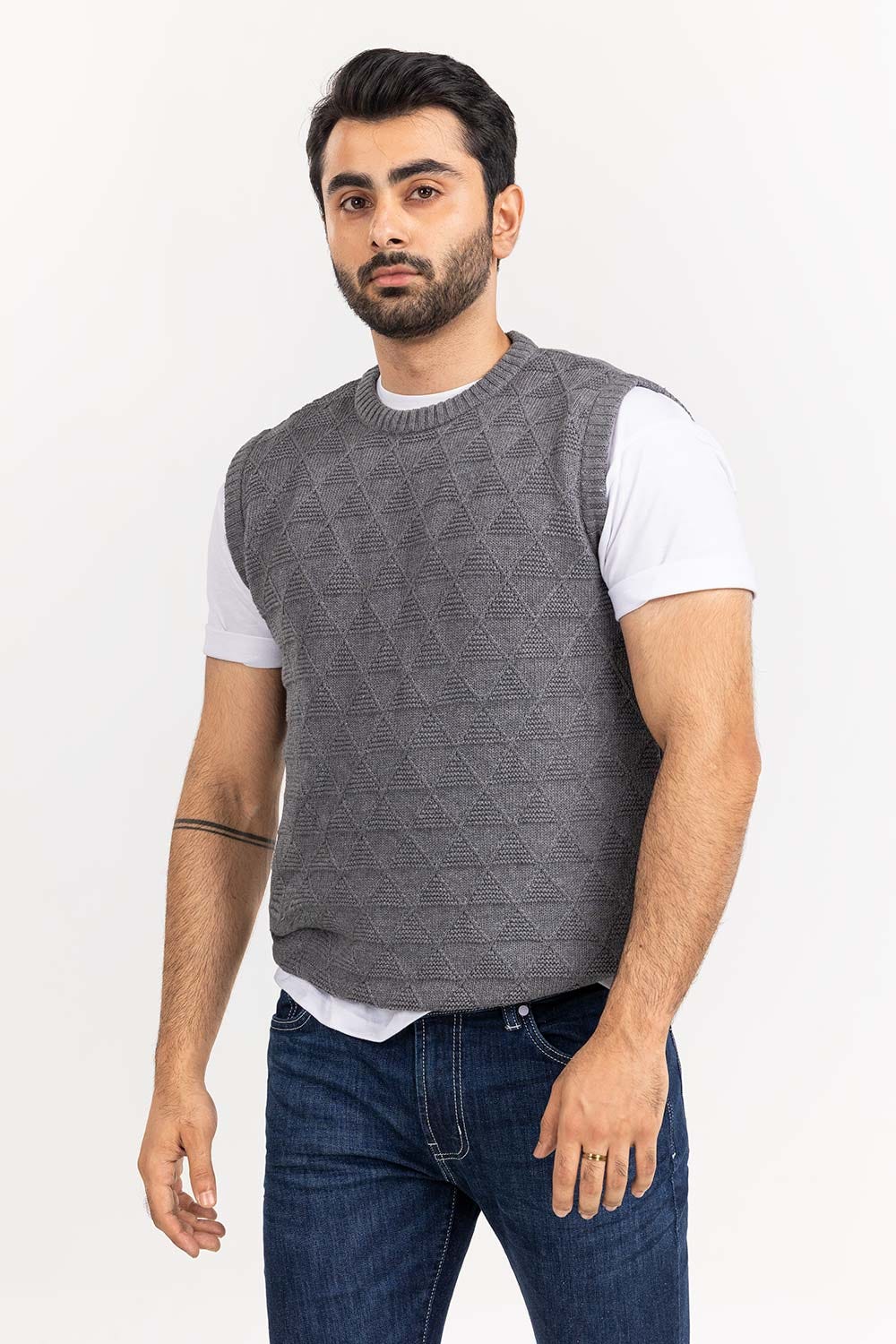 Grey Textured Crew Neck Sleeveless Sweater SWT-FSLCN22-199