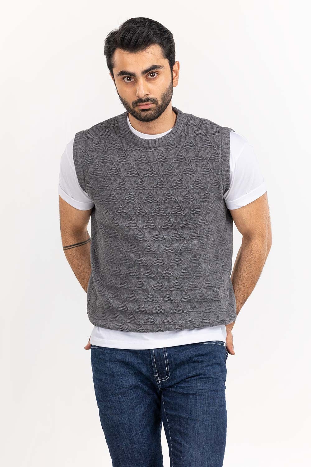 Grey Textured Crew Neck Sleeveless Sweater SWT-FSLCN22-199