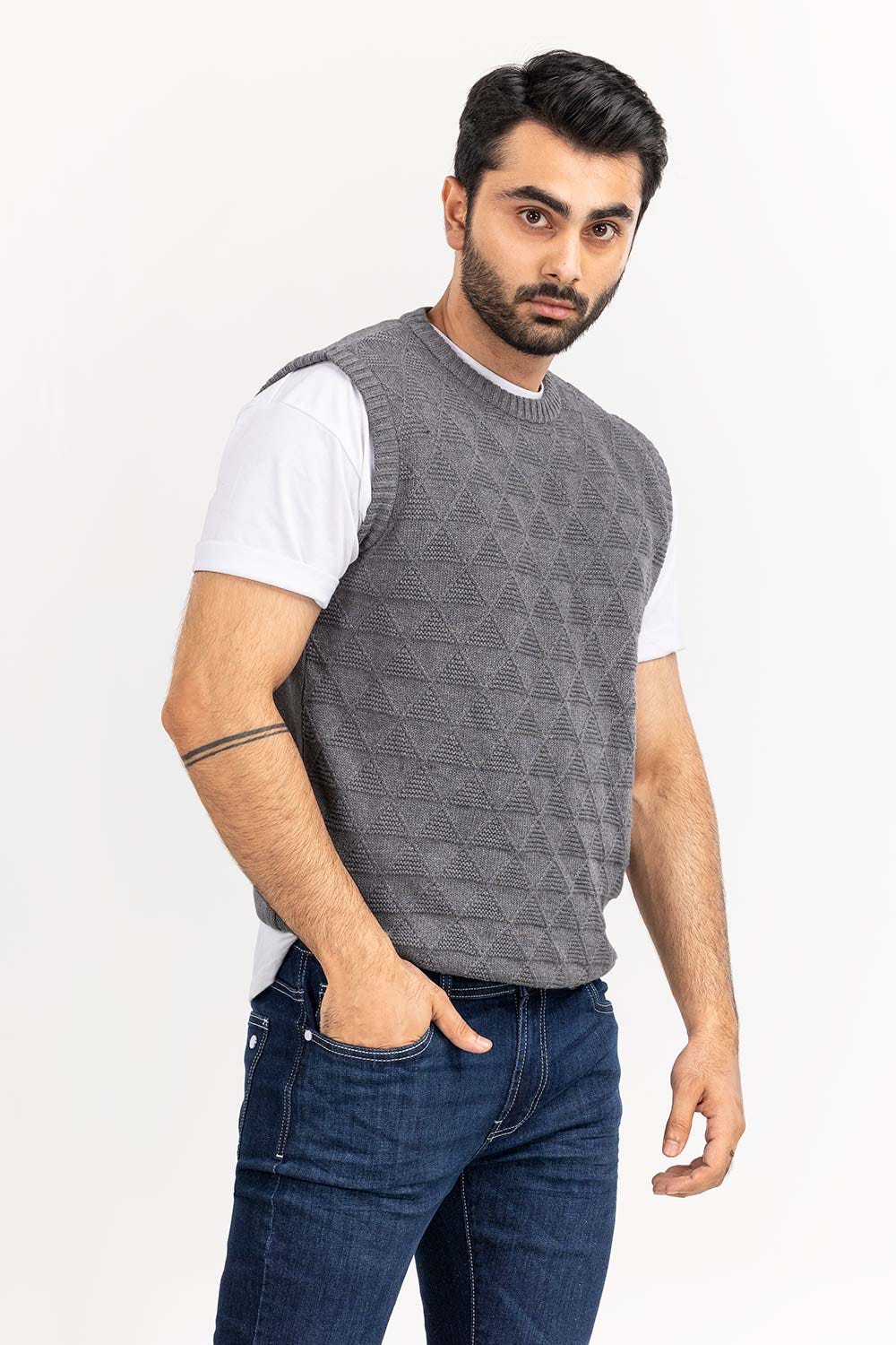 Grey Textured Crew Neck Sleeveless Sweater SWT-FSLCN22-199