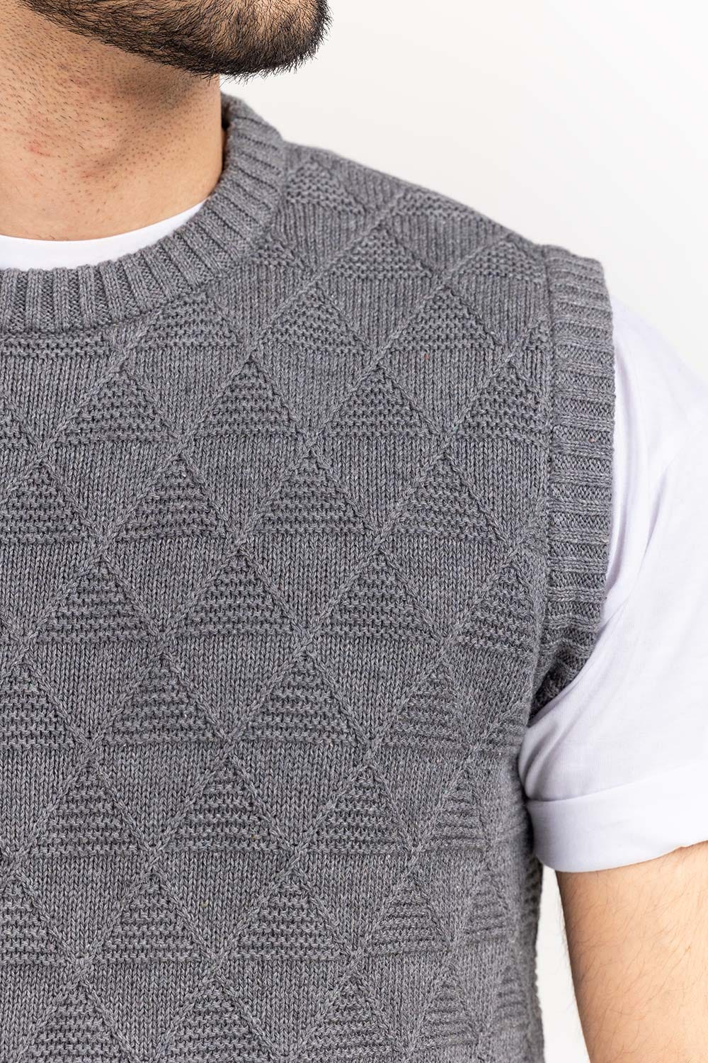 Grey Textured Crew Neck Sleeveless Sweater SWT-FSLCN22-199