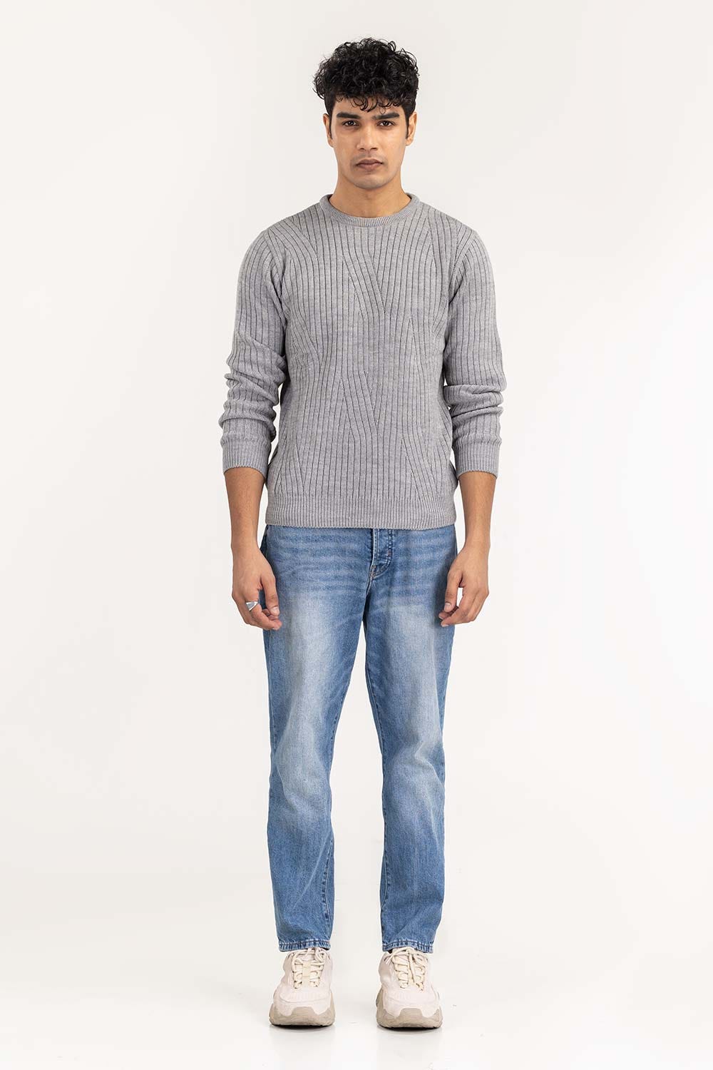 Grey Textured Crew Neck Sweater SWT-FFSCN22-109