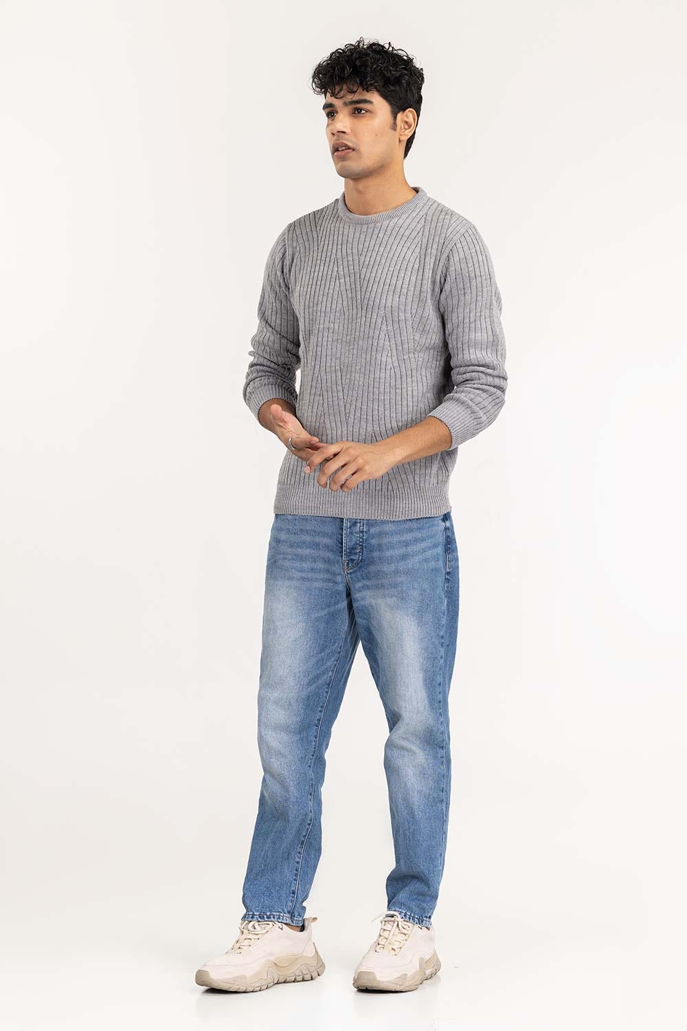 Grey Textured Crew Neck Sweater SWT-FFSCN22-109