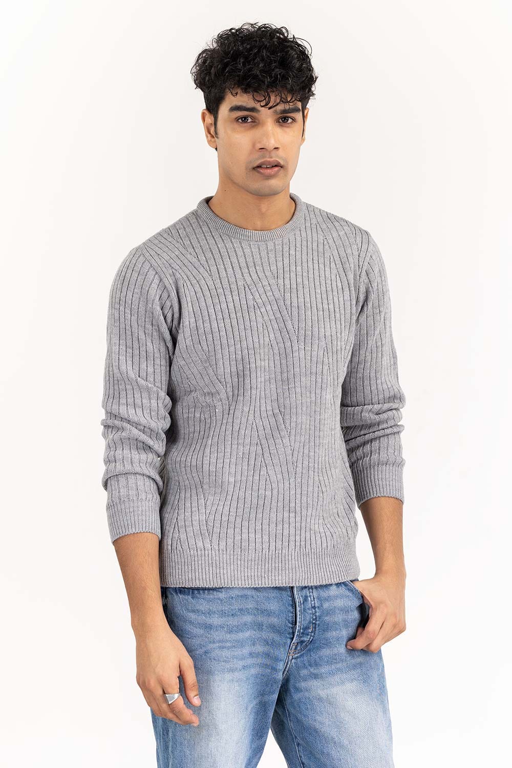 Grey Textured Crew Neck Sweater SWT-FFSCN22-109