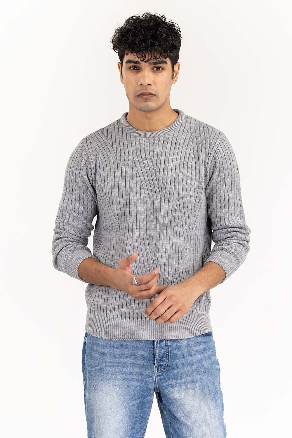 Grey Textured Crew Neck Sweater SWT-FFSCN22-109
