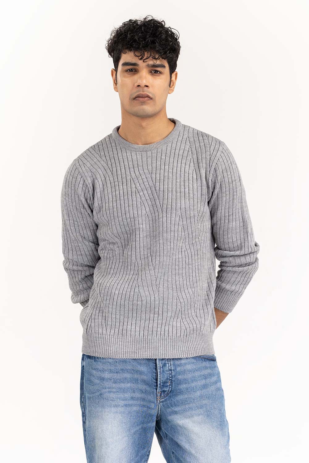 Grey Textured Crew Neck Sweater SWT-FFSCN22-109