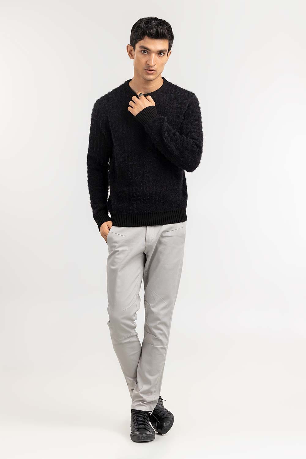 Grey Textured Crew Neck Sweater SWT-FFSCN22-207