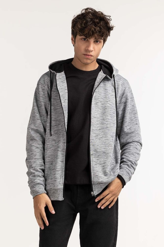 Grey Textured Fashion Zipper Hoodie MN-HDZ-WS23-004