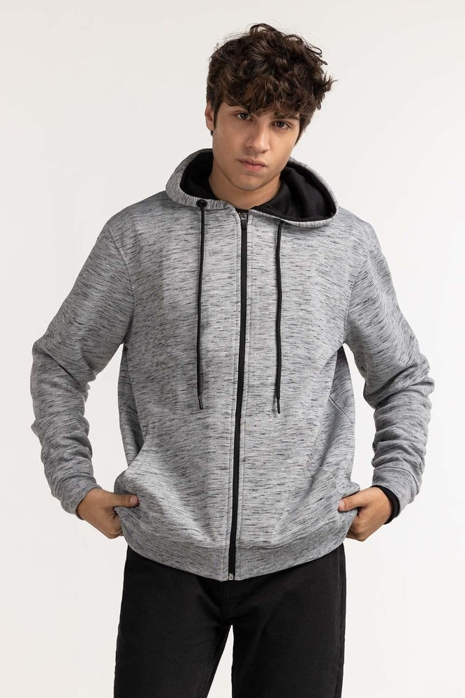 Grey Textured Fashion Zipper Hoodie MN-HDZ-WS23-004
