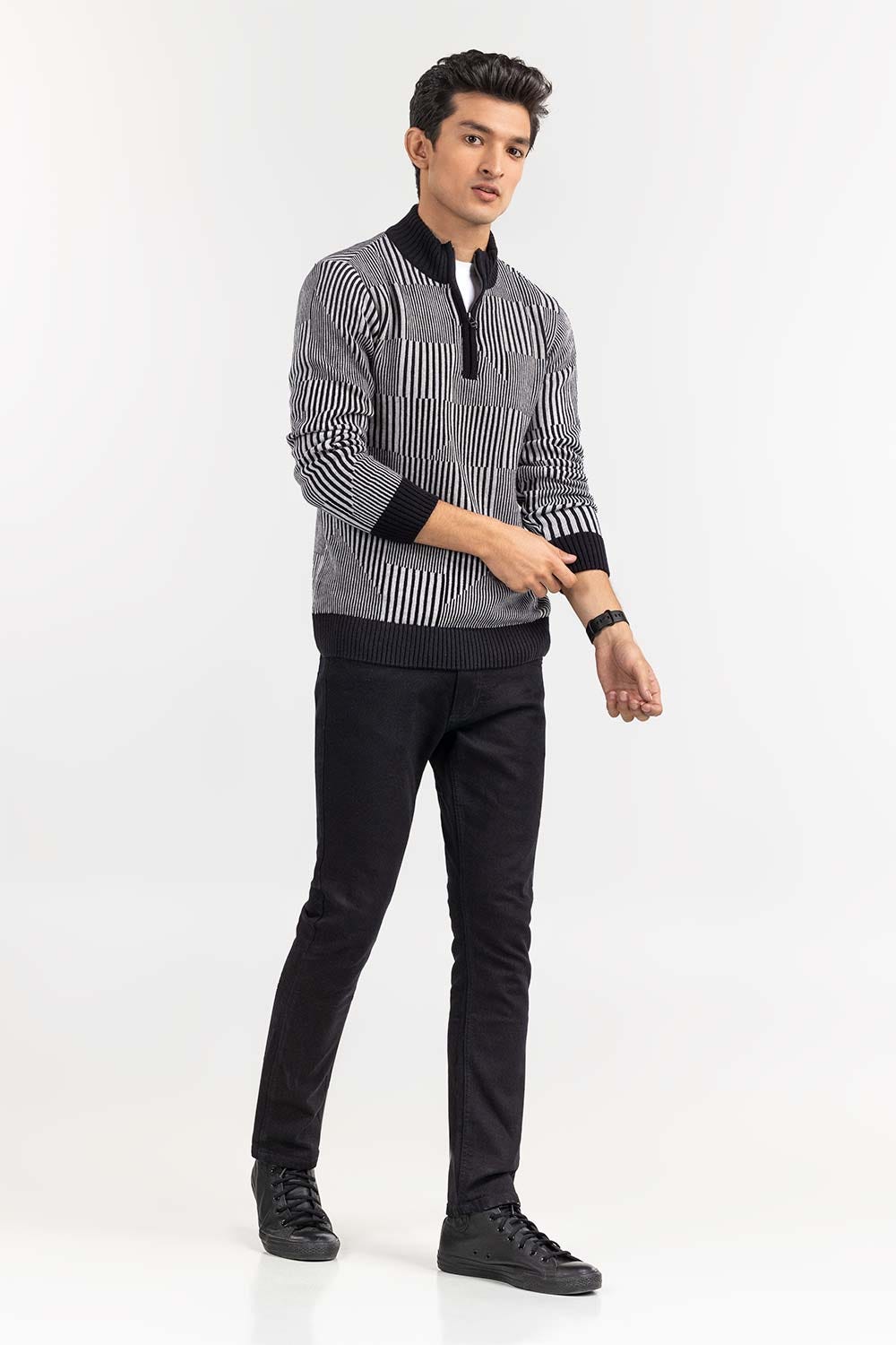 Grey Textured Mock Neck Half Zip Sweater SWT-FFSMNZ22-217