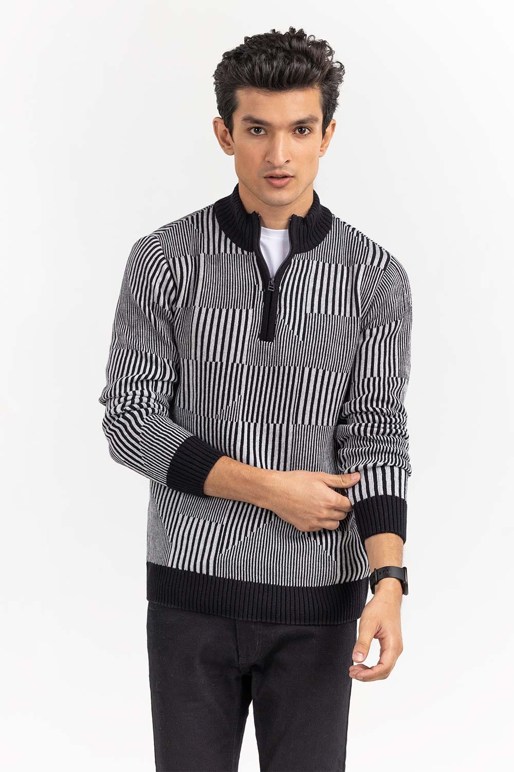 Grey Textured Mock Neck Half Zip Sweater SWT-FFSMNZ22-217