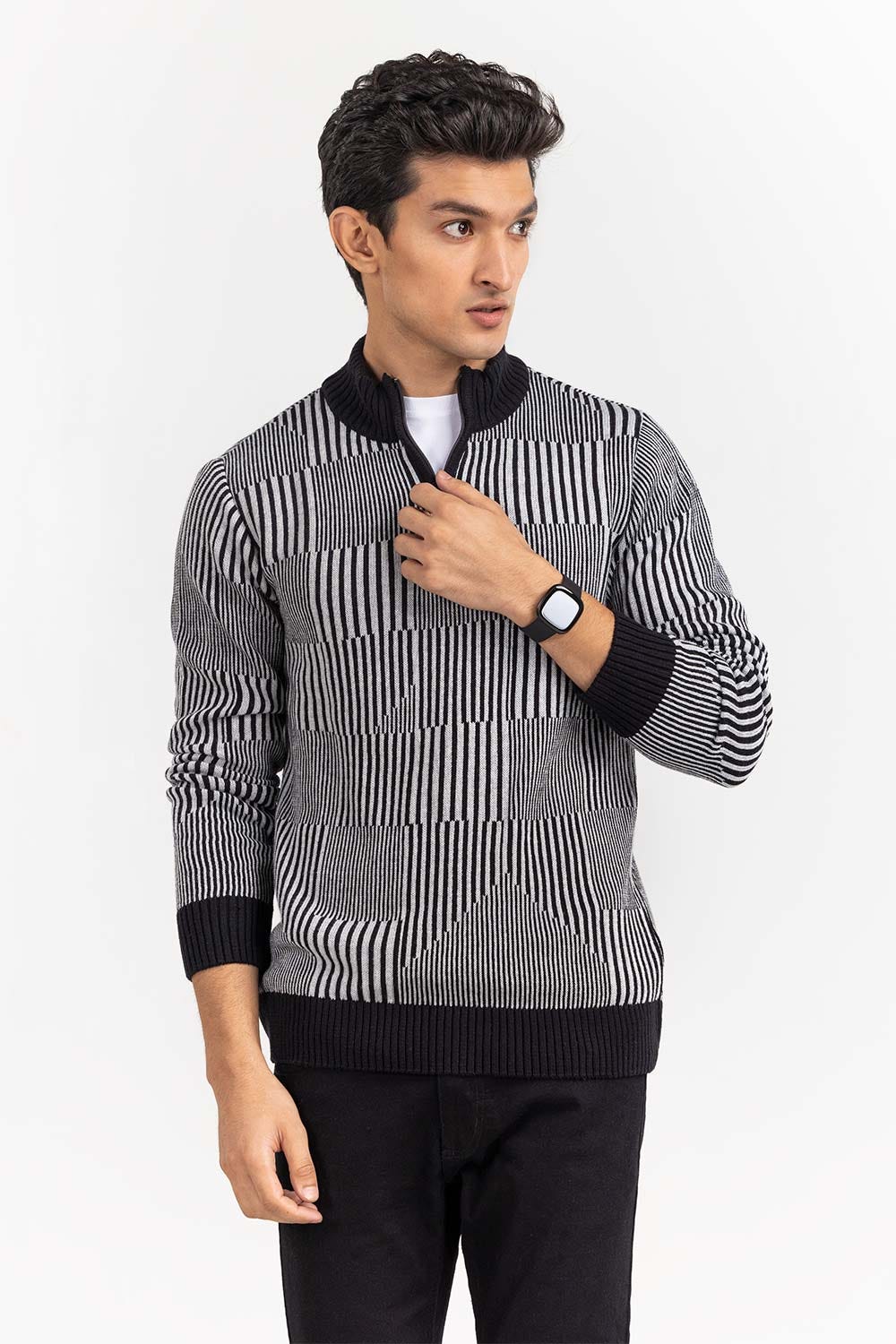 Grey Textured Mock Neck Half Zip Sweater SWT-FFSMNZ22-217