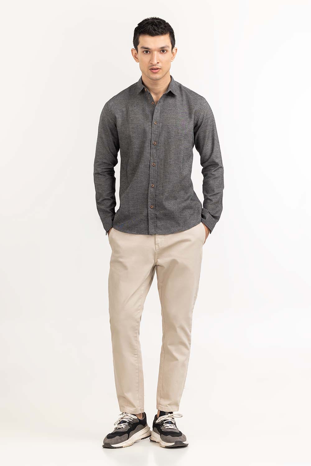 Grey Tweet Slim Casual Shirt 224-117-055