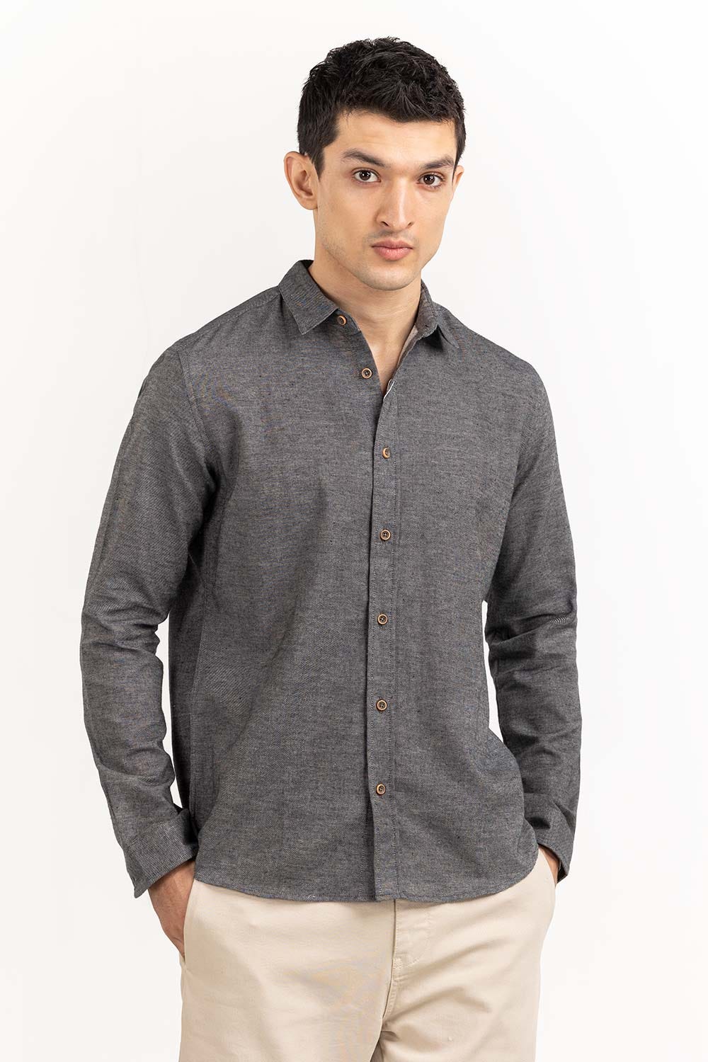 Grey Tweet Slim Casual Shirt 224-117-055