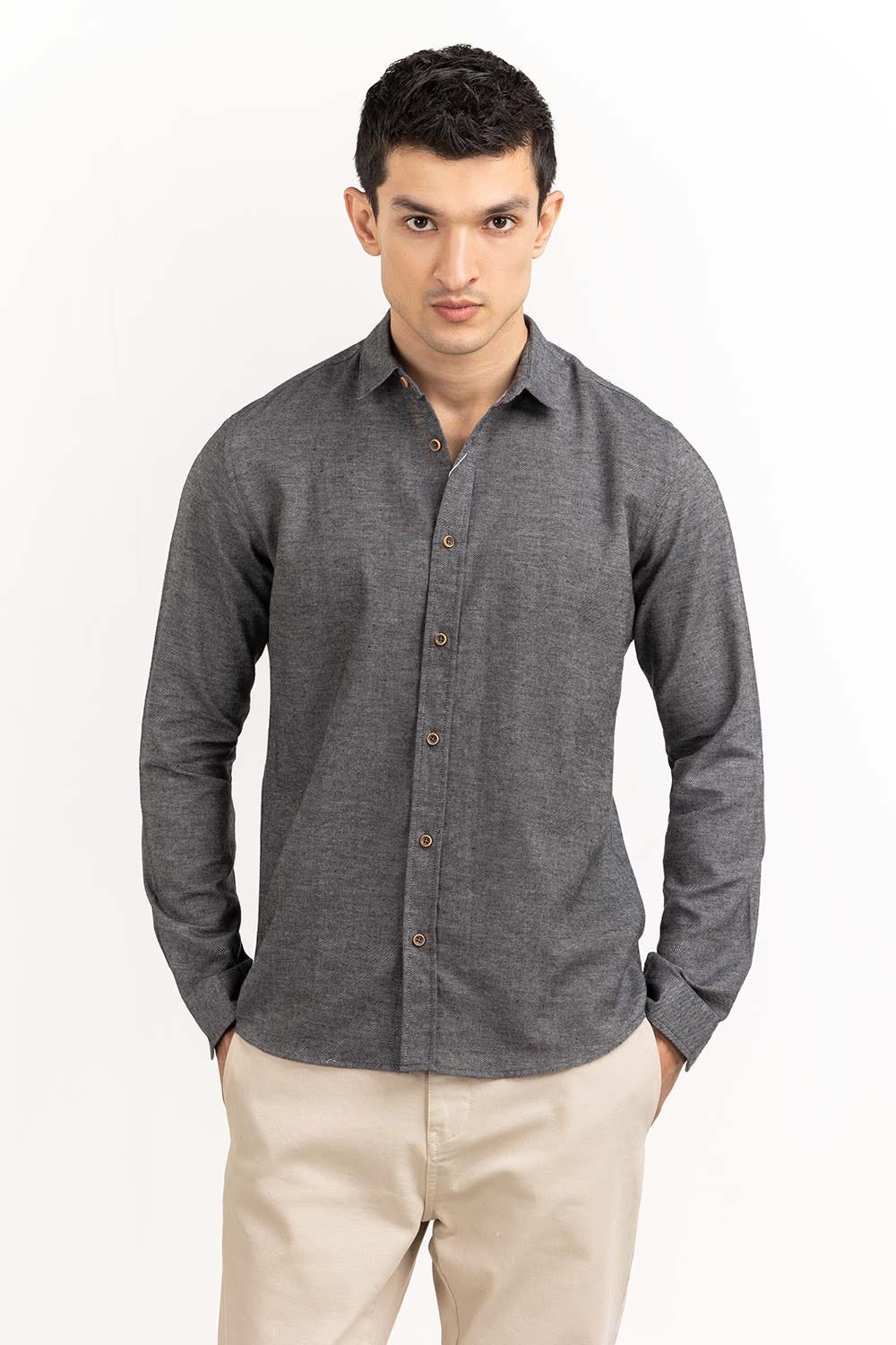 Grey Tweet Slim Casual Shirt 224-117-055