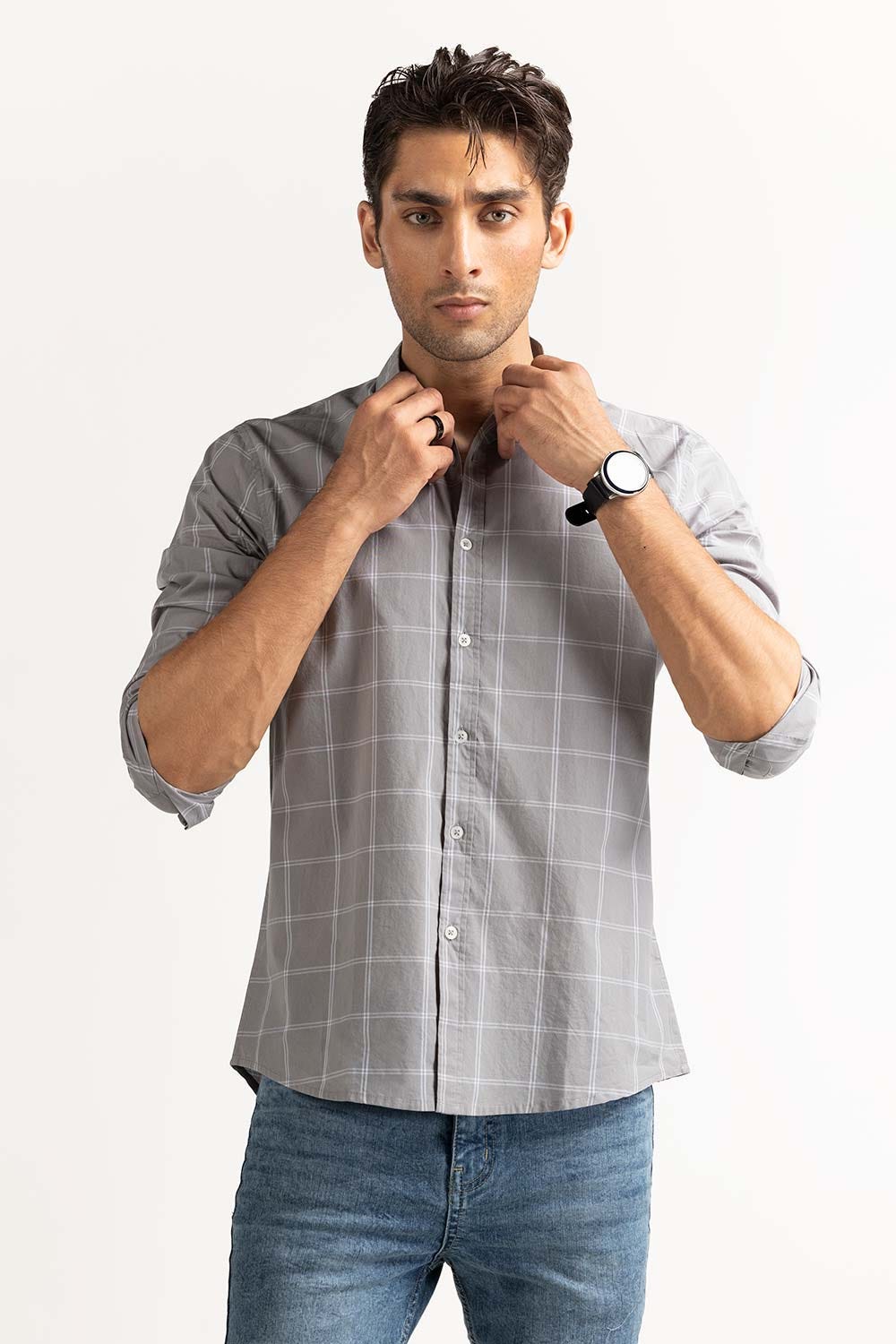 Grey White Checkered Casual Shirts MN-CS-YD23-024