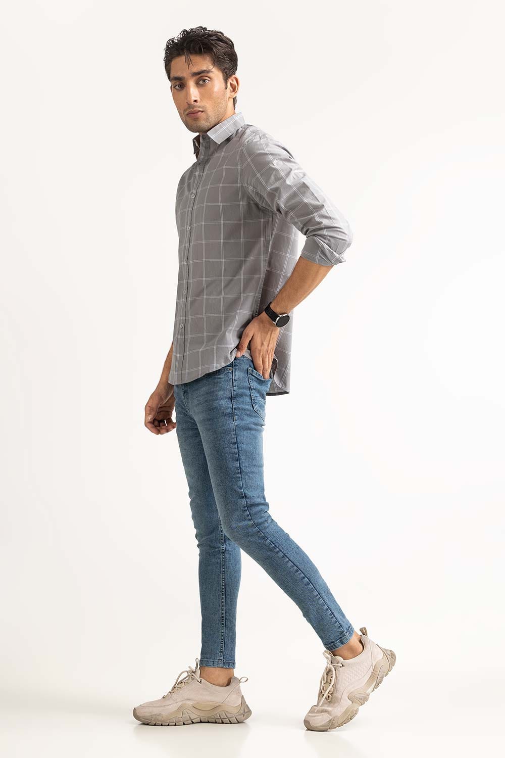 Grey White Checkered Casual Shirts MN-CS-YD23-024