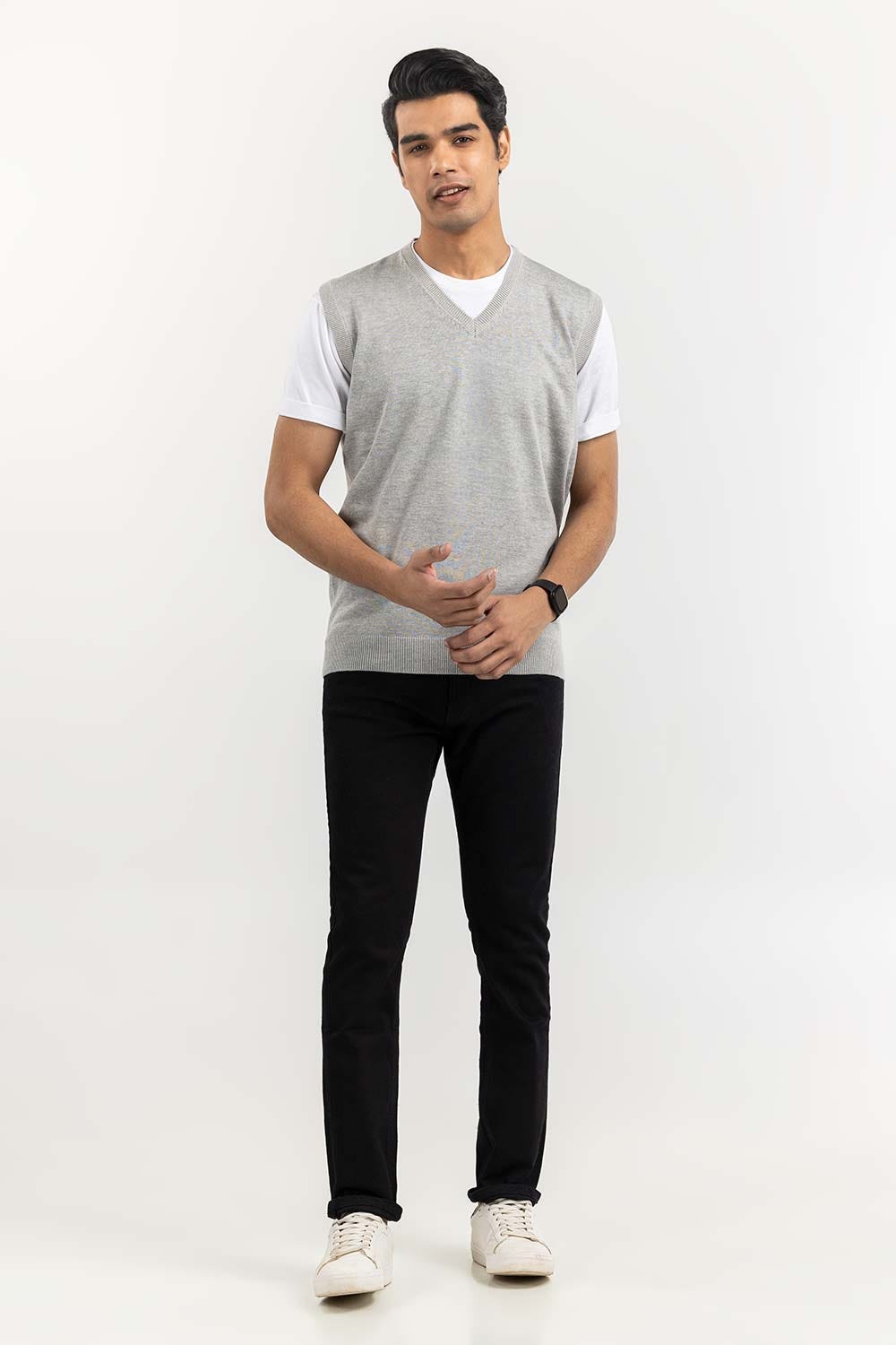 Heather Grey Basic V Neck Sleeveless Sweater SWT-BSLVN-22-002