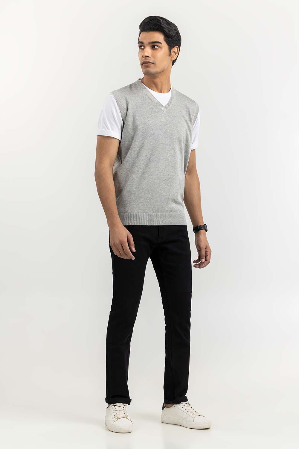 Heather Grey Basic V Neck Sleeveless Sweater SWT-BSLVN-22-002