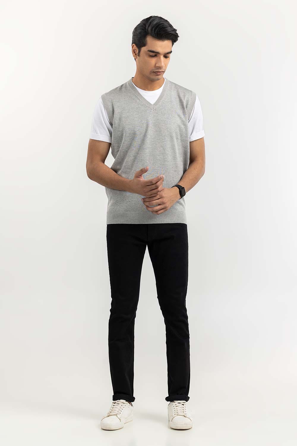 Heather Grey Basic V Neck Sleeveless Sweater SWT-BSLVN-22-002