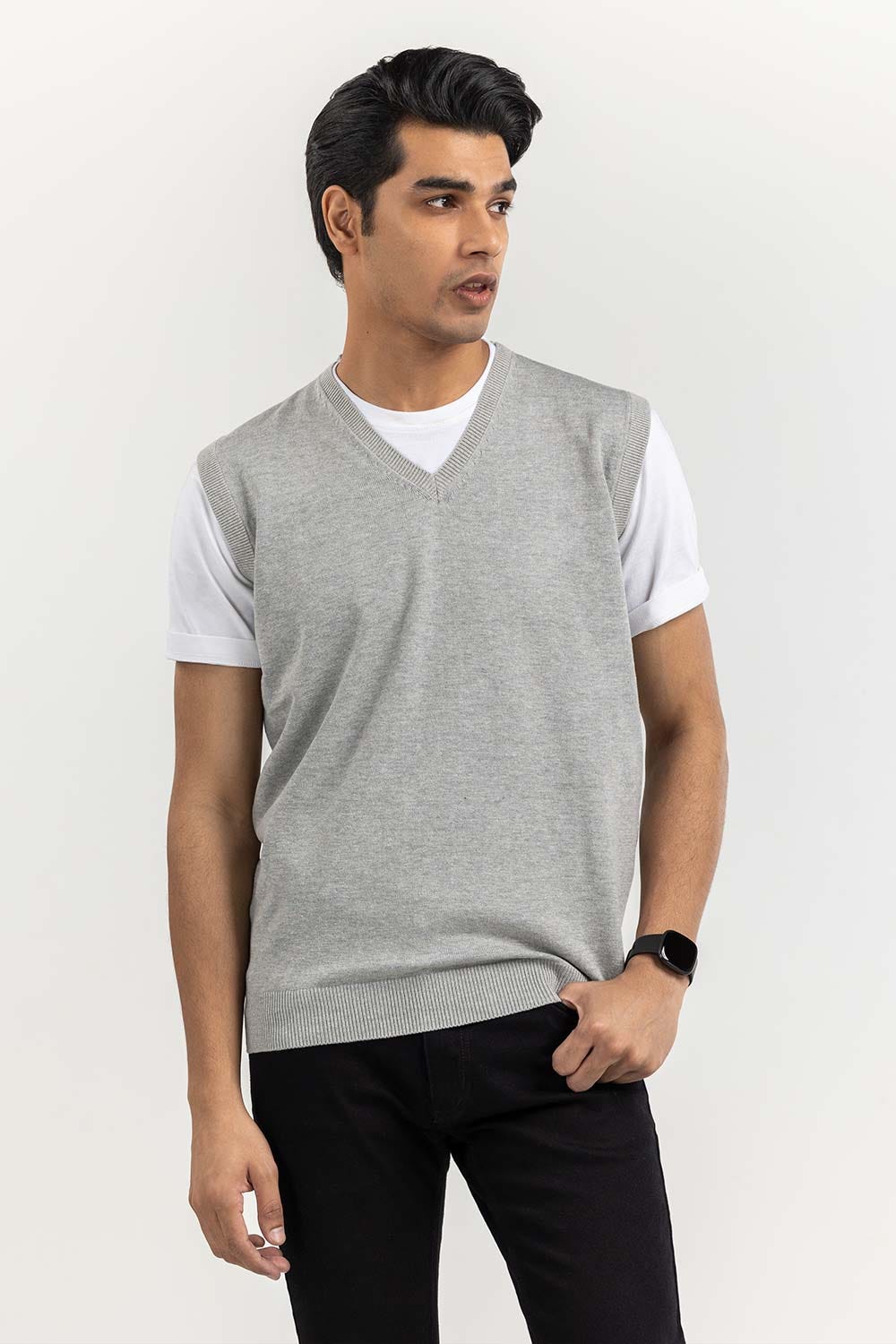 Heather Grey Basic V Neck Sleeveless Sweater SWT-BSLVN-22-002