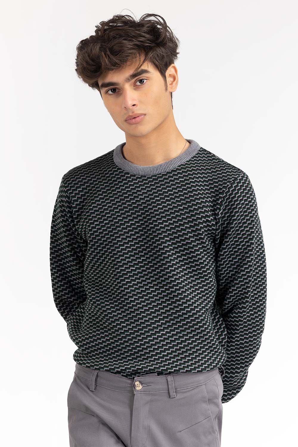 Heather Grey Pattern Crew Neck Sweater SWT-FFSCN22-106
