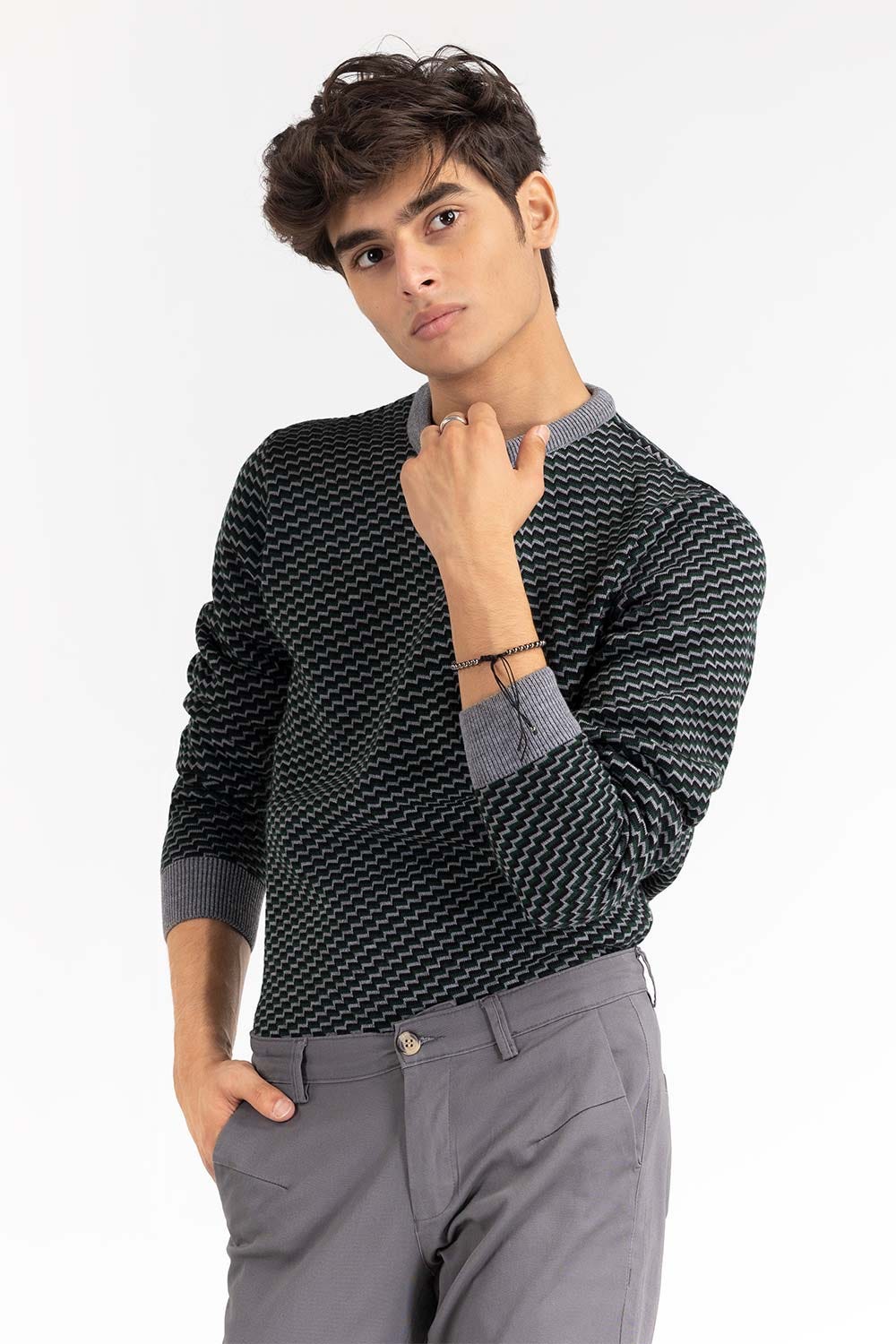 Heather Grey Pattern Crew Neck Sweater SWT-FFSCN22-106