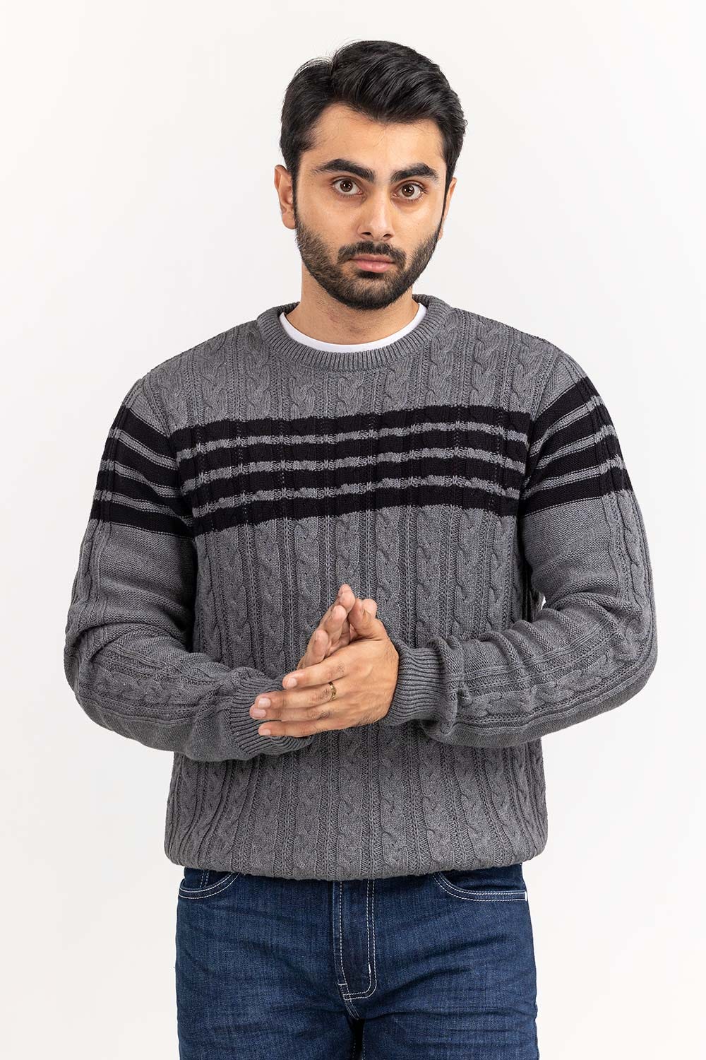 Heather Grey Striped cabling Crew Neck Sweater SWT-FFSCN22-206