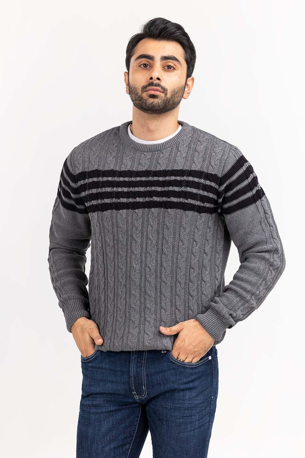 Heather Grey Striped cabling Crew Neck Sweater SWT-FFSCN22-206
