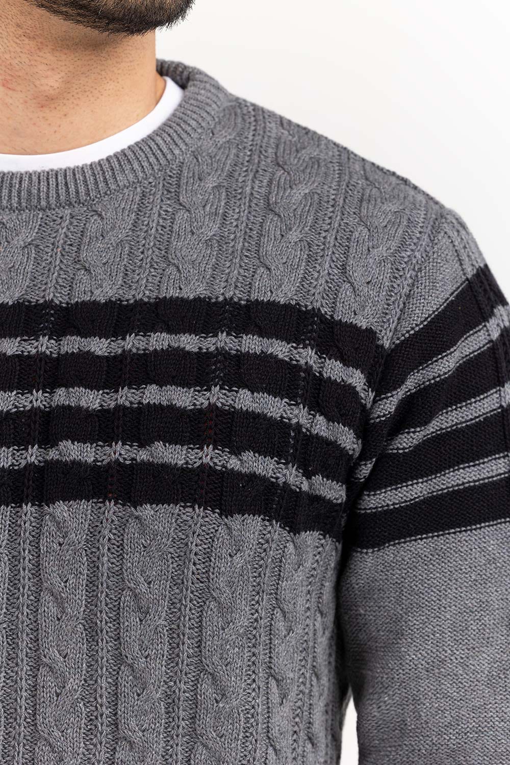 Heather Grey Striped cabling Crew Neck Sweater SWT-FFSCN22-206