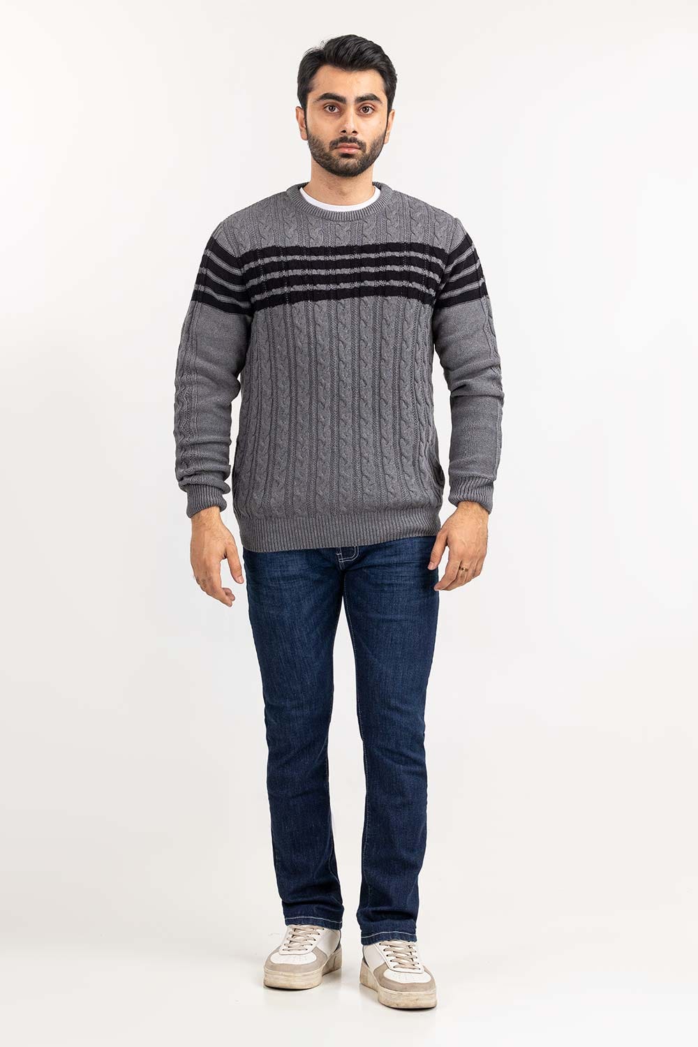 Heather Grey Striped cabling Crew Neck Sweater SWT-FFSCN22-206