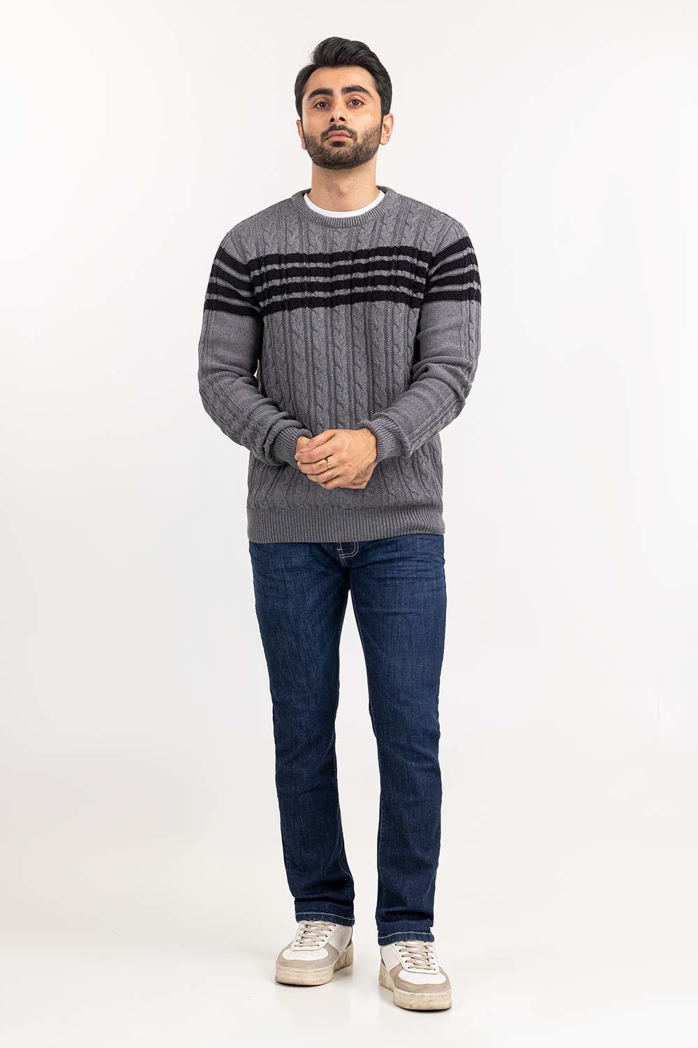 Heather Grey Striped cabling Crew Neck Sweater SWT-FFSCN22-206