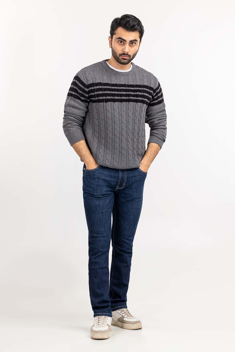 Heather Grey Striped cabling Crew Neck Sweater SWT-FFSCN22-206