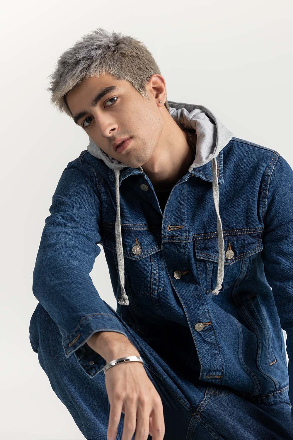 Dark Blue Hooded Denim Jacket with Print at Back 224-110-033