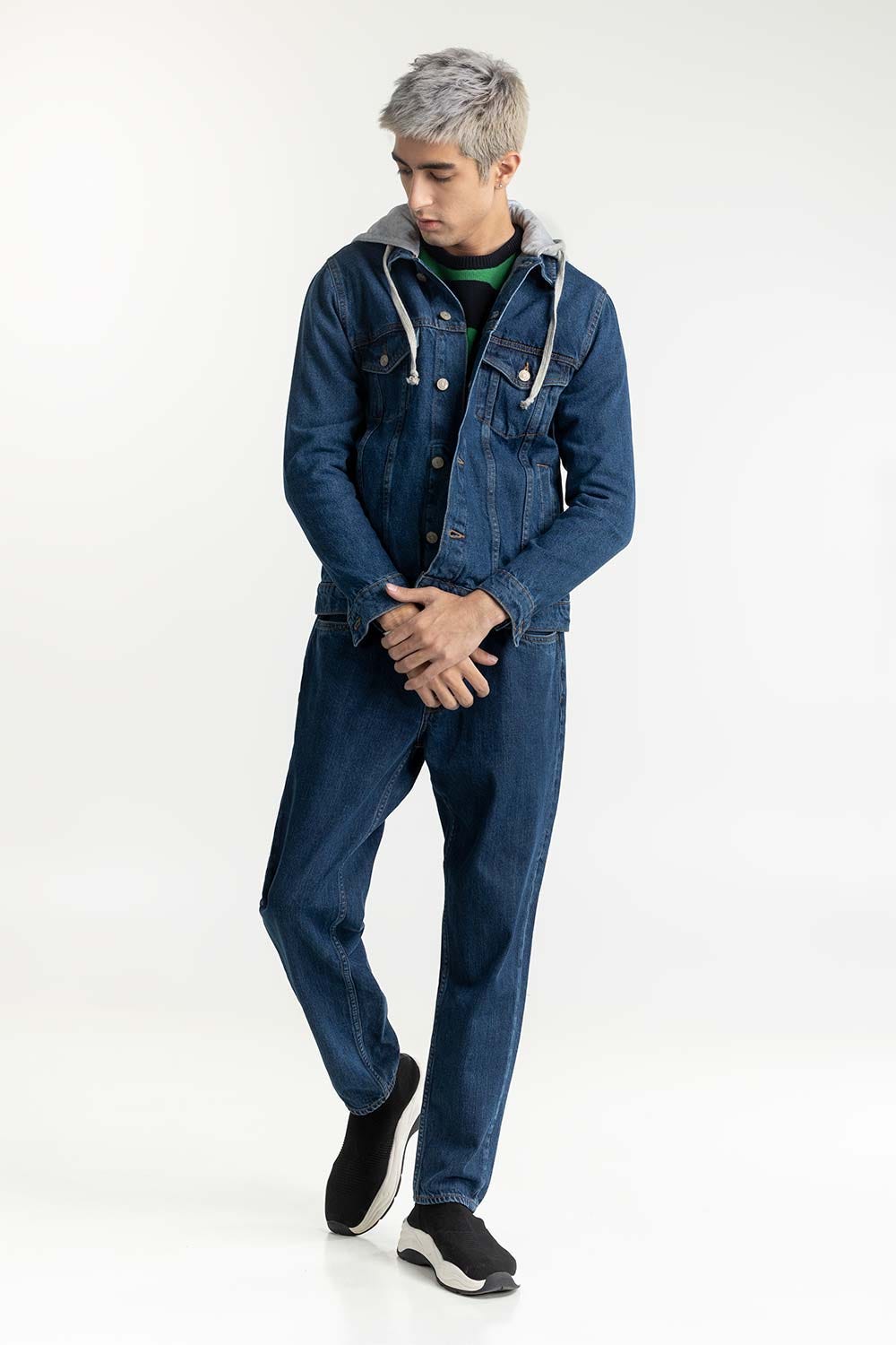 Dark Blue Hooded Denim Jacket with Print at Back 224-110-033