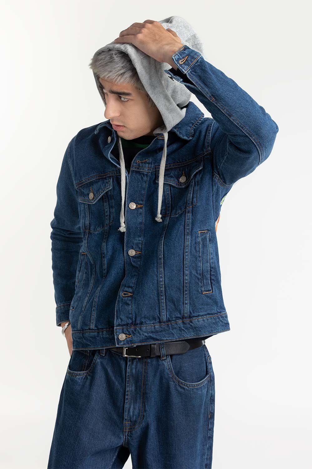 Dark Blue Hooded Denim Jacket with Print at Back 224-110-033