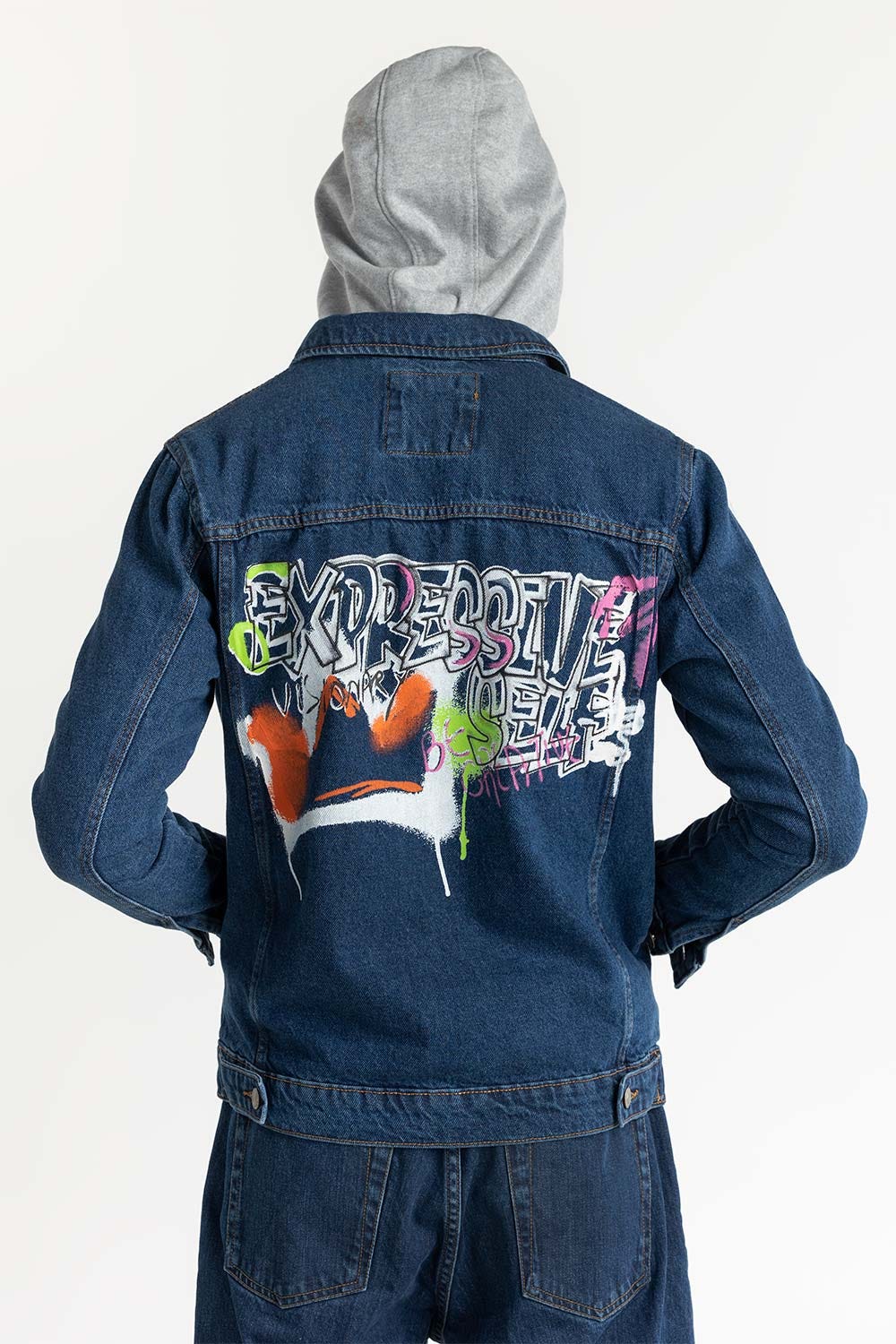 Dark Blue Hooded Denim Jacket with Print at Back 224-110-033