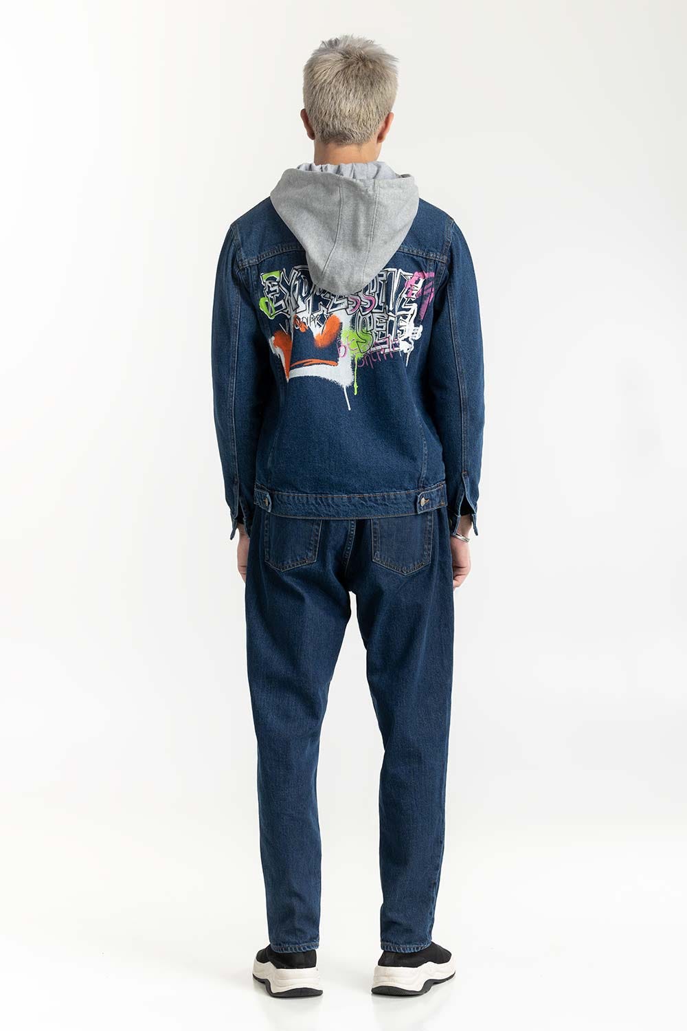 Dark Blue Hooded Denim Jacket with Print at Back 224-110-033