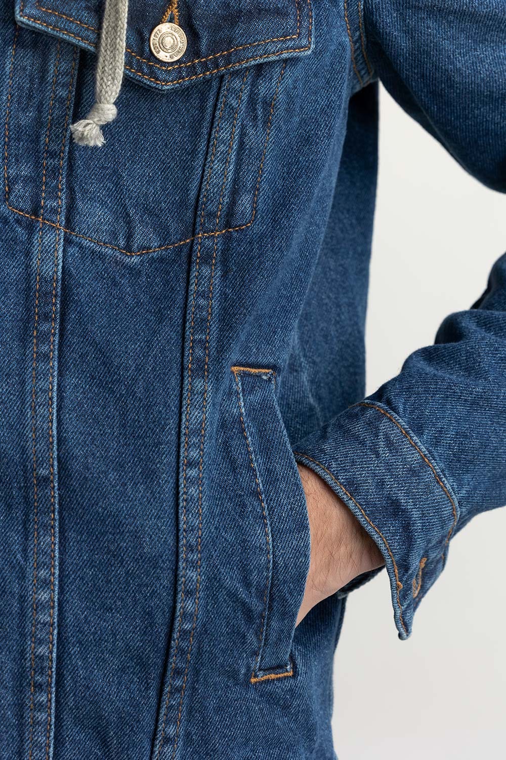 Dark Blue Hooded Denim Jacket with Print at Back 224-110-033