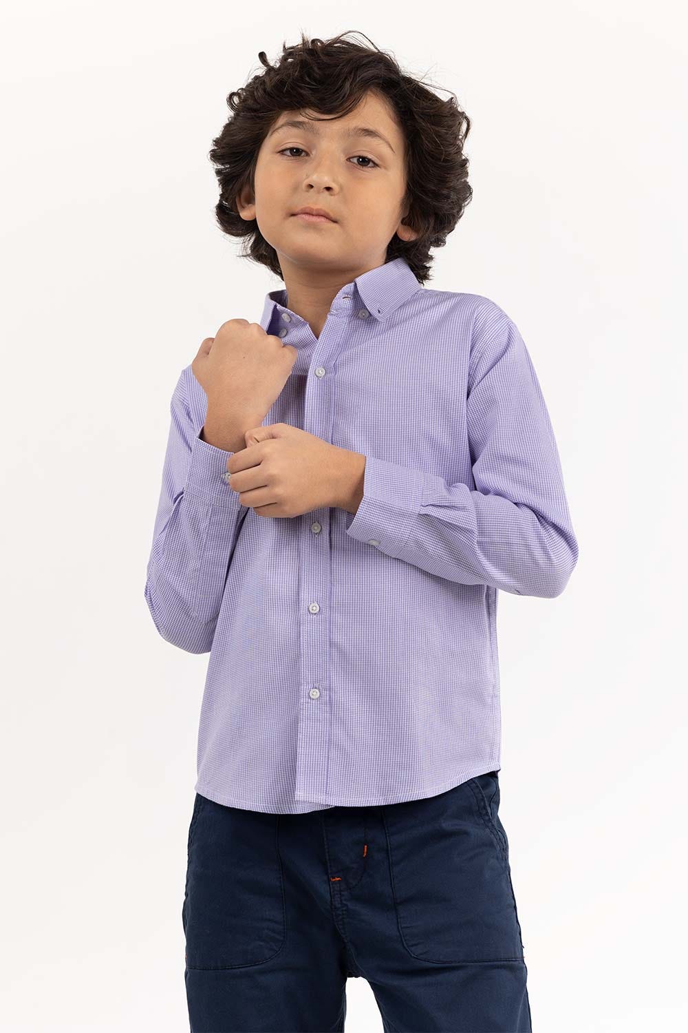 Junior Boy White And Purple Checkered Casual Shirt 224-317-019