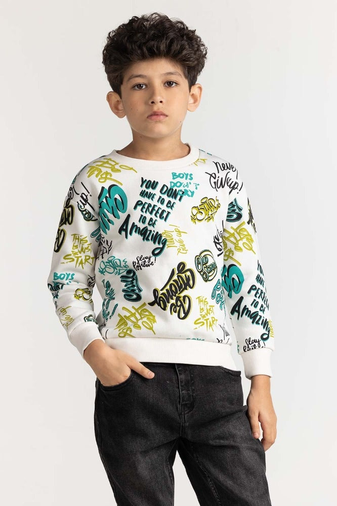 Junior Boy White Printed Sweatshirt 224-312-071