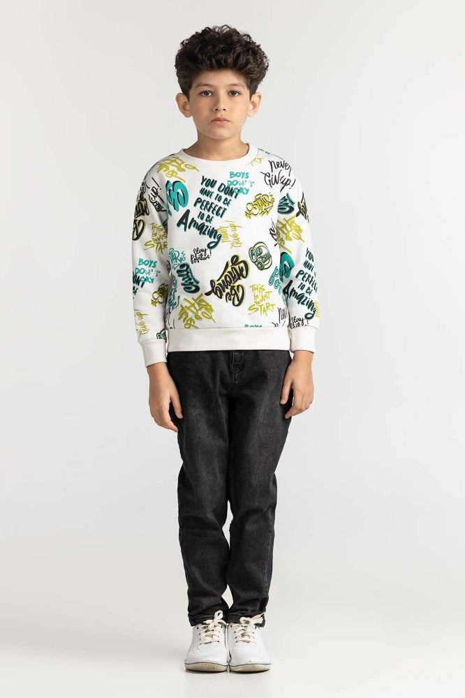 Junior Boy White Printed Sweatshirt 224-312-071