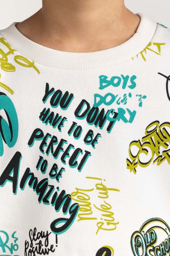 Junior Boy White Printed Sweatshirt 224-312-071