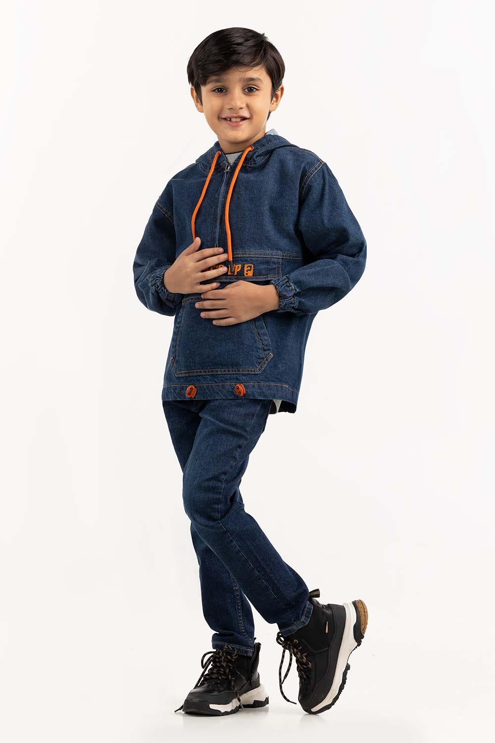 Junior Boy Dark Blue Denim Jacket With Hood 224-310-051