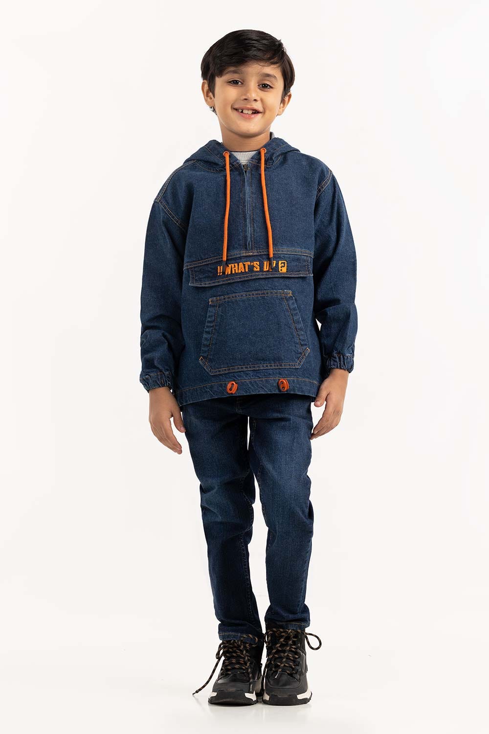 Junior Boy Dark Blue Denim Jacket With Hood 224-310-051