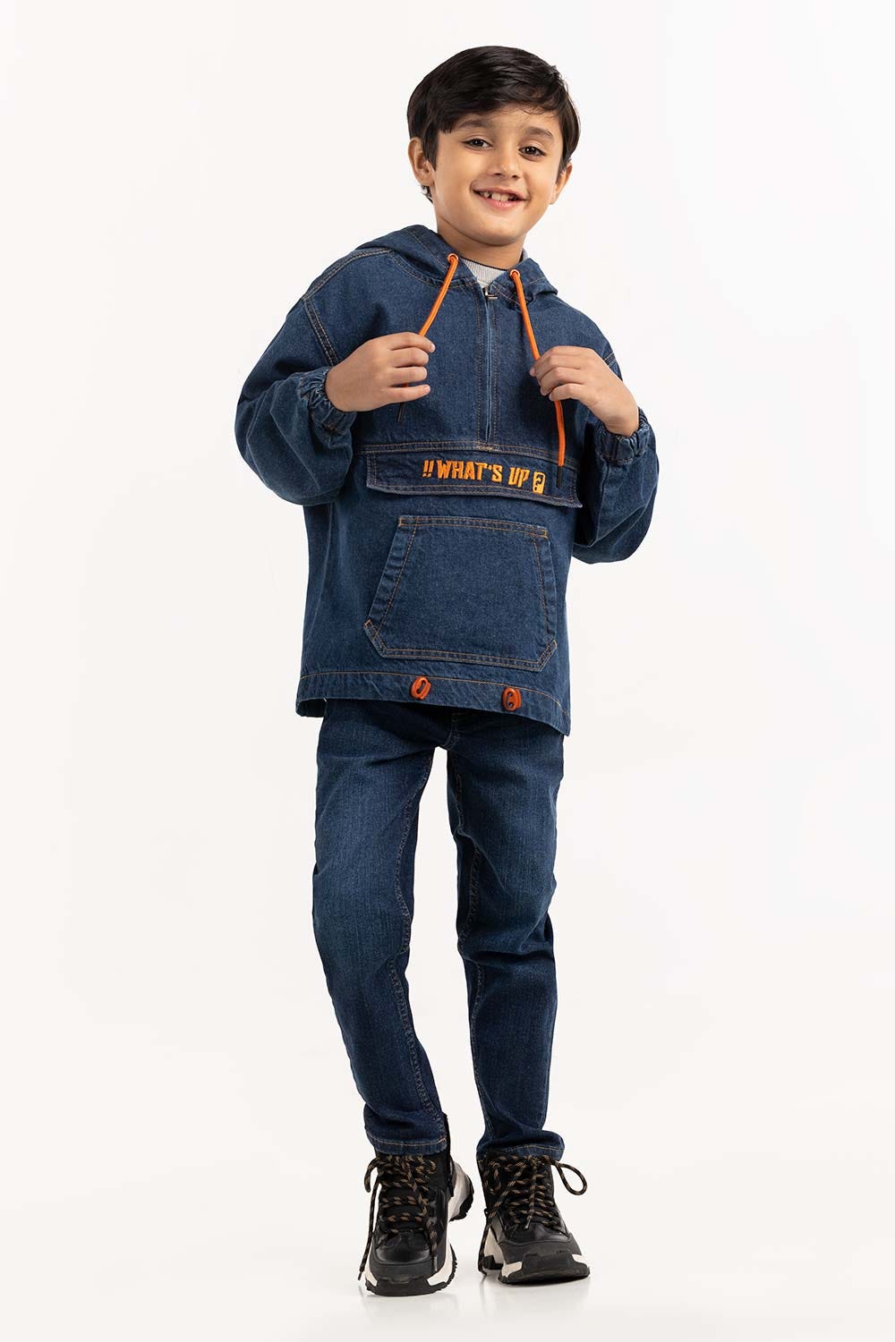 Junior Boy Dark Blue Denim Jacket With Hood 224-310-051