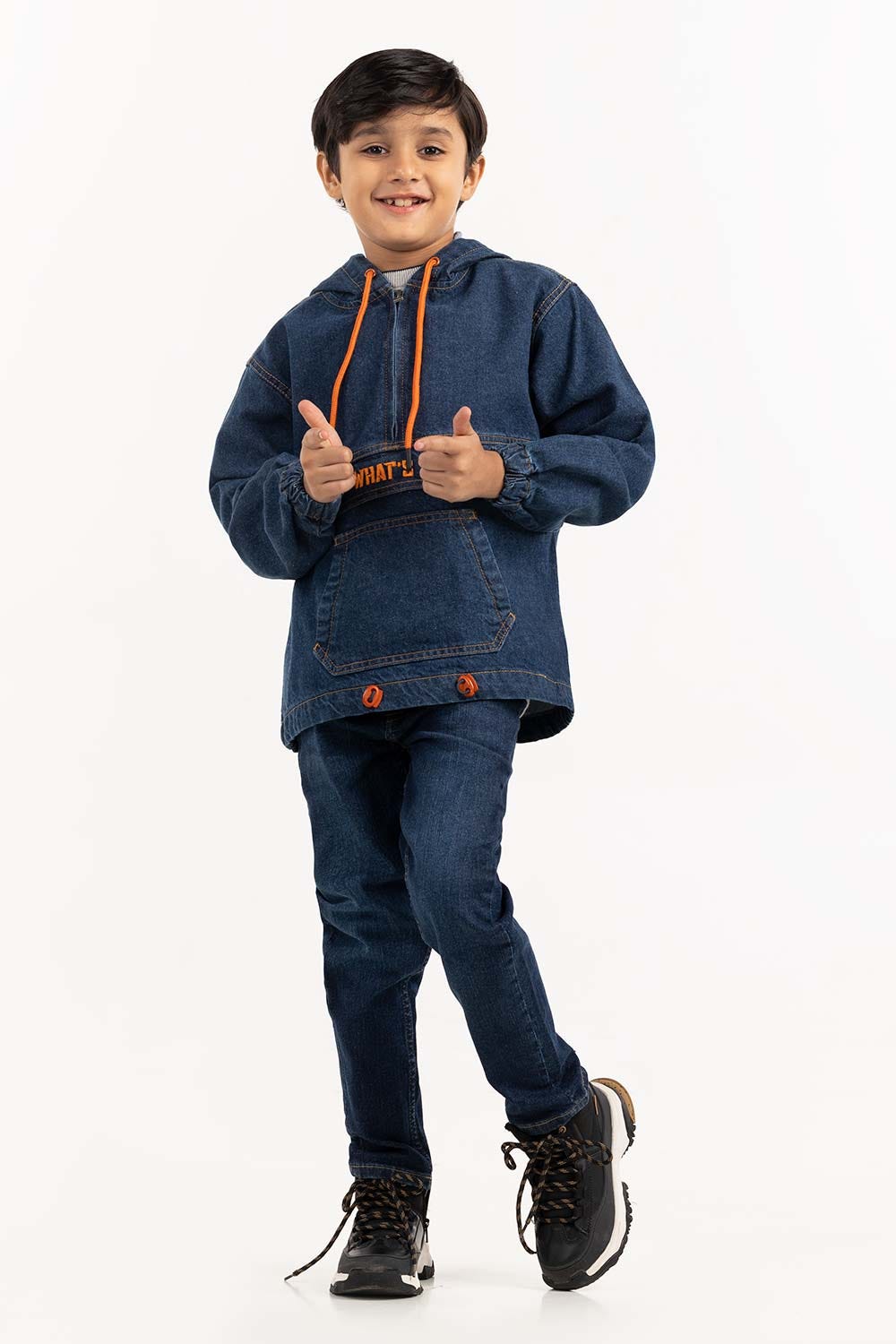 Junior Boy Dark Blue Denim Jacket With Hood 224-310-051