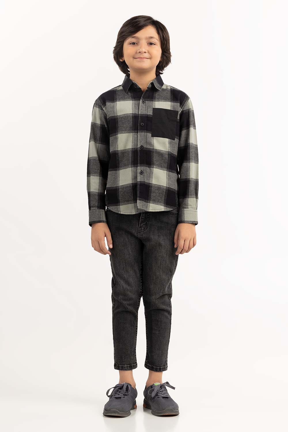 Junior Boy Green And Black Casual Shirt 224-317-006
